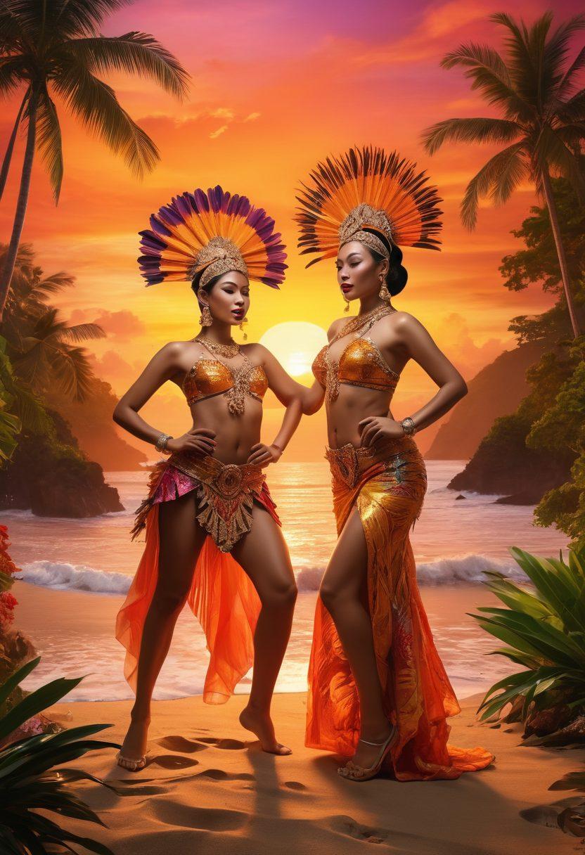 A vibrant, colorful collage showcasing the lively ambiance of Indonesian nightlife, featuring traditional dancers in elaborate costumes, sensual beach settings with warm sunset tones, and playful elements depicting local erotic entertainment. Abstract forms hinting at fantasies and pleasure, set against a backdrop of lush tropical scenery. super-realistic. vibrant colors. 3D.