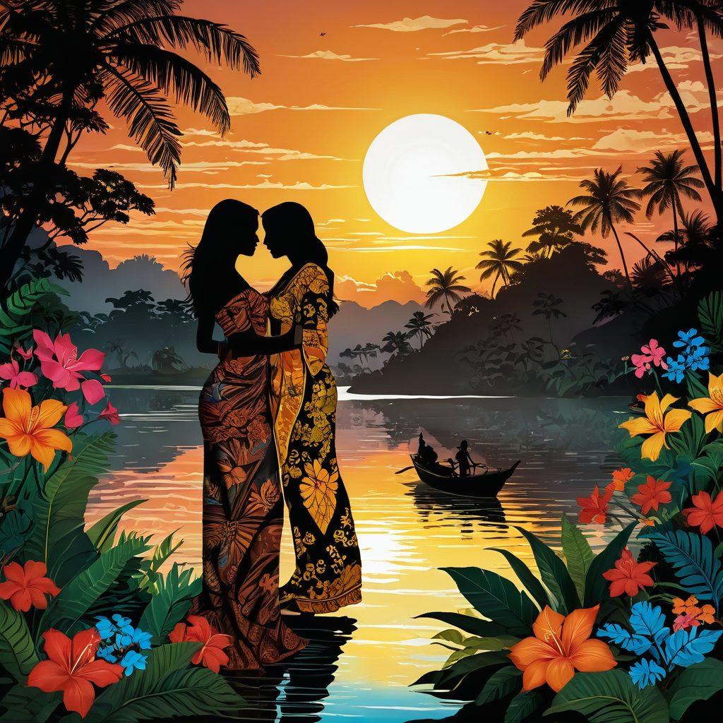 A vibrant Indonesian landscape with lush greenery, featuring traditional erotic motifs hidden subtly in the flora. Silhouettes of joyful couples embracing in the background, surrounded by exotic flowers and tranquil water elements. The sun setting in the distance, casting a warm, blissful glow over the scene. Incorporate cultural elements like batik patterns and traditional instruments. vibrant colors. super-realistic.