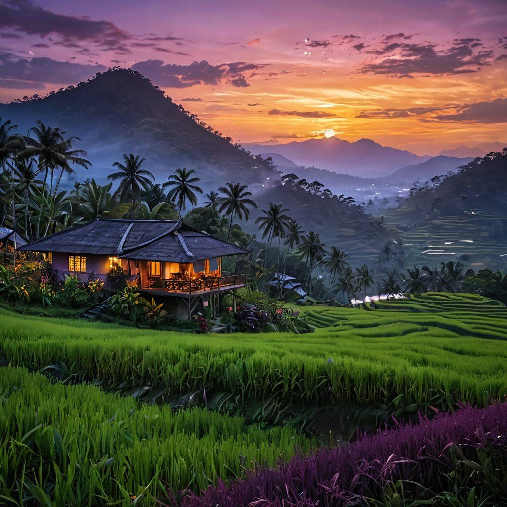 An enchanting Indonesian landscape at twilight, featuring lush rice terraces and a traditional house adorned with vibrant Batik patterns. In the foreground, a couple shares a playful glance, surrounded by whimsical shadows that represent their fantasies. Ethereal fireflies add a magical glow, hinting at hidden desires amidst nature's beauty. The sky is painted in gradients of purple and gold, enhancing the dreamy atmosphere. super-realistic. vibrant colors. 3D.